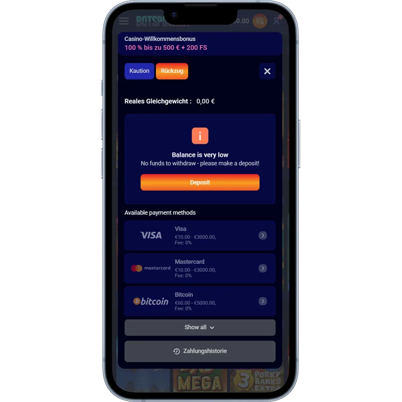 BotSpinsBet Casino Auszahlungsoptionen